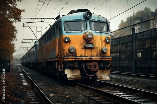 Forward-facing diesel locomotive on railway. Generative AI