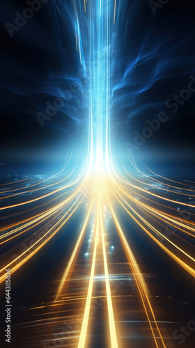 Abstract background with gold and blue glowing neon moving high speed line and wave and bokeh lights horizontal to vertical. Data transfer concept, reflect on the floor.