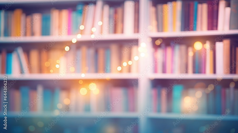 Abstract background with books on the shelves in the library with soft pastel multicolored light Abstract background with books on the shelves in the library with soft pastel multicolored light