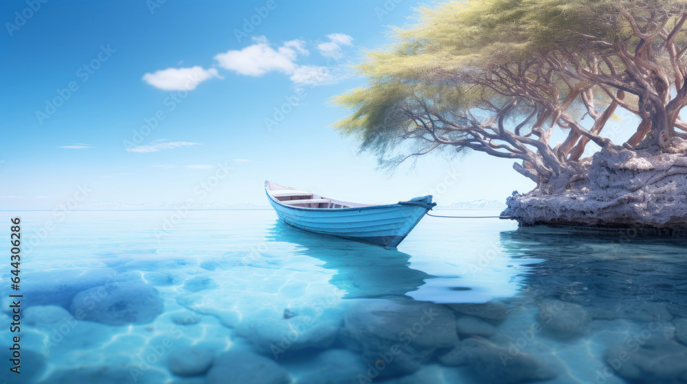 Peaceful landscape with boat, river and tree at sunset