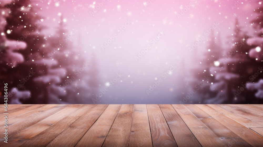 Empty old empty wooden table over magic pink Christmas background Empty old empty wooden table over magic pink Christmas background
