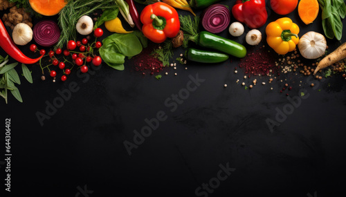 Fresh vegetables on black background. Variety of raw vegetables. Colorful various herbs and spices for cooking on dark background  copy space  banner