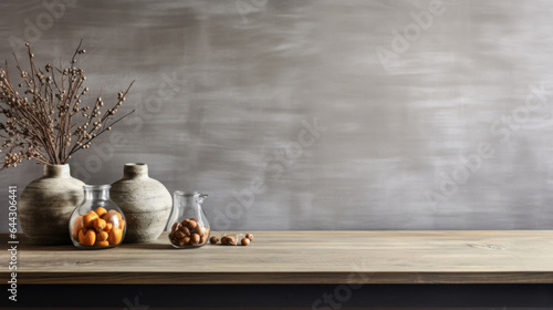 Empty gray wooden table and goods counter