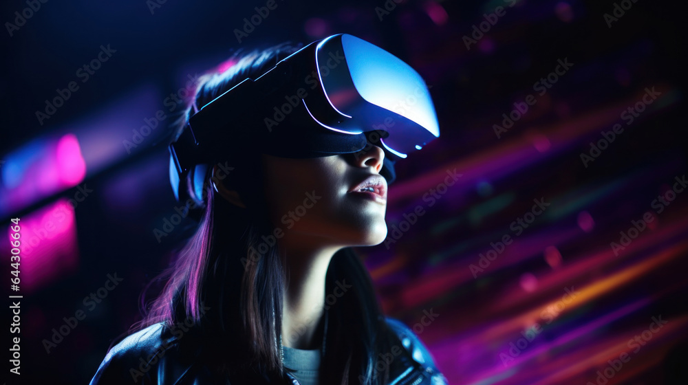 Young woman using glasses of virtual reality on dark colorful neon background Young woman using glasses of virtual reality on dark colorful neon background