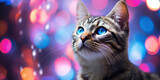 Close up cat on colorful bokeh christmas background