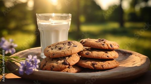 Chocolate chip cookies with milk, blurred bokeh background. Morning summer light