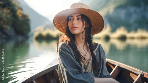 Beautiful fisherman girl with wooden boat floating in the lake beautiful nature.