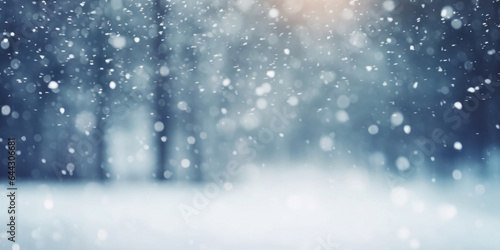 Snowy white blur background. Snowfall sky white teal blue backdrop. Glimmer snowflakes new year wallpaper.