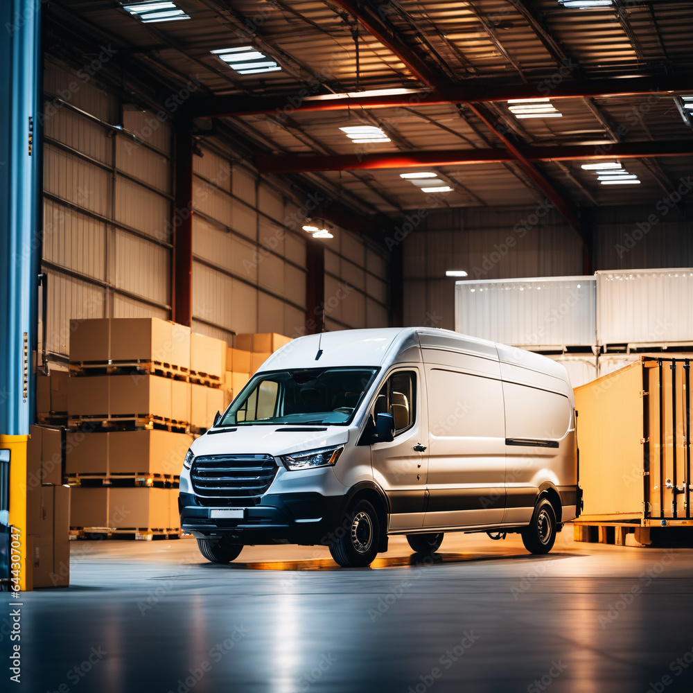 Side view of a commercial van standing in a warehouse. Side view of a commercial van standing in a warehouse.