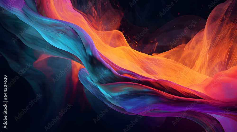 水や炎のように流れるオレンジ、青、紫の色彩 No.009  Orange, Blue, and Purple Colors Flowing like Water or Fire on a Background Generative AI