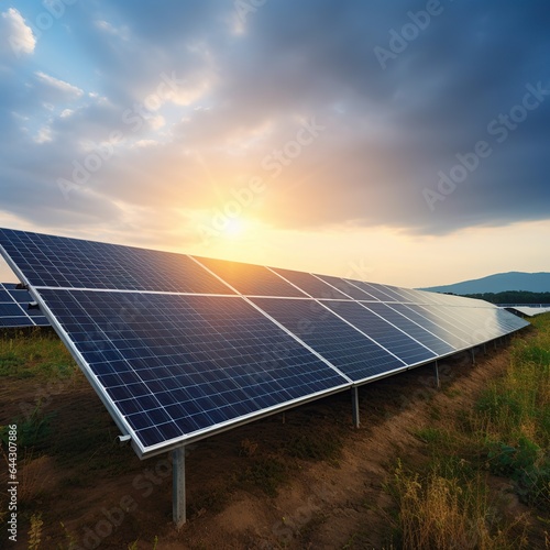 solar panels on blue sky background, view on solar power plant panel