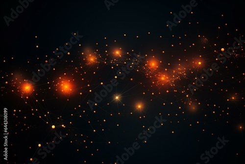 Illuminated web of dots on dark field. Futuristic tech backdrop. Generative AI