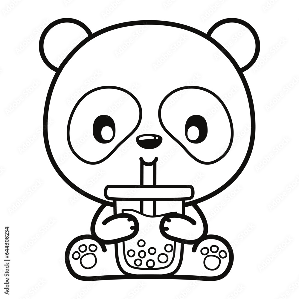 Cute Cartoon black panda Eating Boba Bubble Milk Tea, Animal Drink Icon