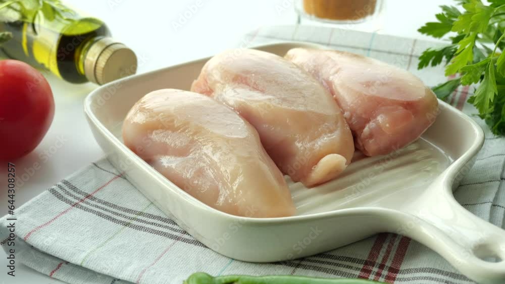 top view of raw breast chicken meat and vegetables on table top view of raw breast chicken meat and vegetables on table