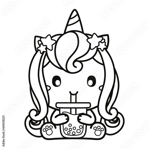 Cute Cartoon black Unicorn Eating Boba Bubble Milk Tea, Animal Drink Icon Concept, Coloring Page Vector.
