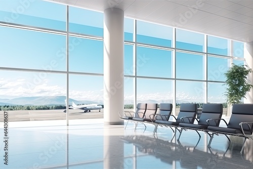 Interior of airport terminal with panoramic window and airplan