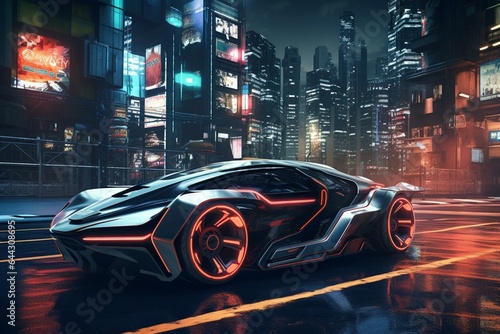 A futuristic vehicle in a neon-lit city at night. Generative AI