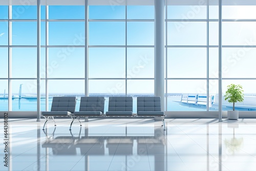 Interior of airport terminal with panoramic window and airplan