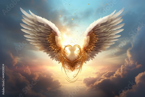 Heart with golden ring, angel wings flying in heavenly clouds. Generative AI