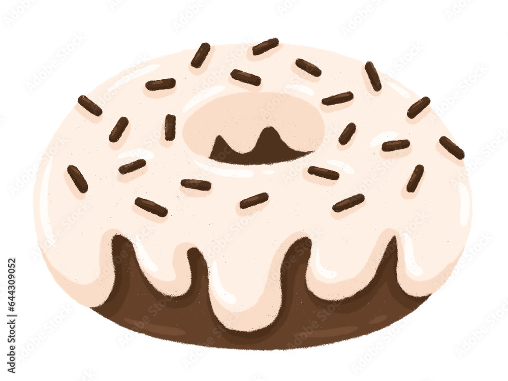 Donut white chocolate with sprinkled raised hand drawn cartoon style isolated on a white background Donut white chocolate with sprinkled raised hand drawn cartoon style isolated on a white background