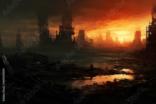 An apocalyptic urban landscape created with digital painting. Generative AI