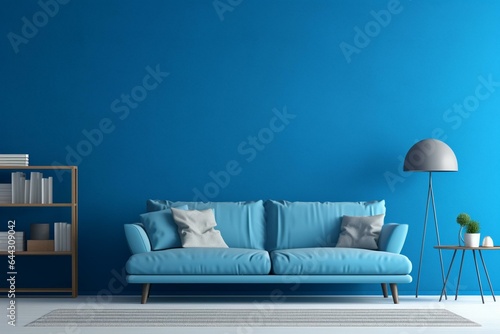 Modern lounge and living room featuring a blue wall. Generative AI © Yana