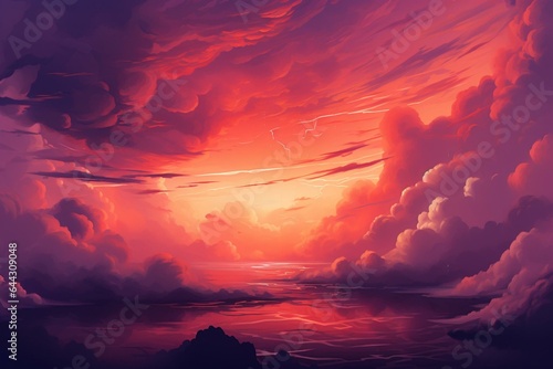 Illustration of red clouds in a purple sky. Generative AI