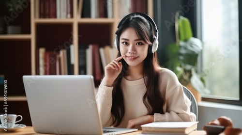 Asian female student studying online using headphones and laptop at home.
