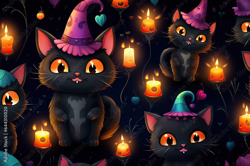 Seamless halloween pattern of adorable cats and festive elements, created with Generative AI Seamless halloween pattern of adorable cats and festive elements, created with Generative AI