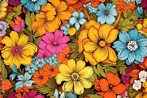 Vintage floral design for fabric  t-shirt   decor. Vibrant summer backdrop with a 1960s aesthetic. Generative AI