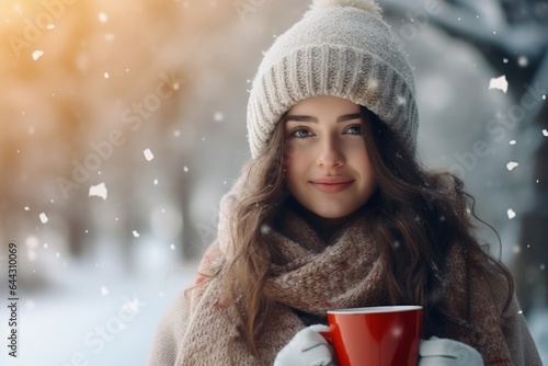 Beautiful Happy Smiling Winter Woman with Mug Outdoor. Girl Outdoors with Hot Drink