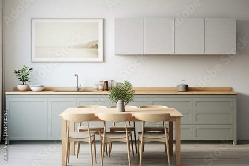 Scandinavian style kitchen interior mockup with frame  3D render. Generative AI