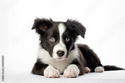 Border collie on white studio background awaiting attention, loyal and playful pet for puppy training. Generative AI © Euphemia