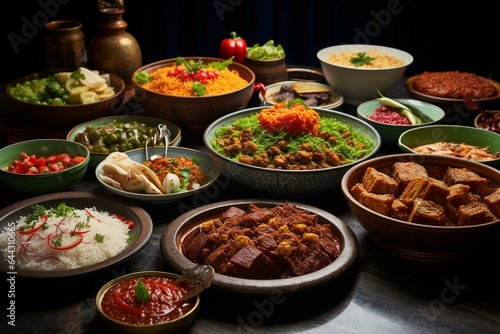 Table full of delicious iftar dishes. Generative AI