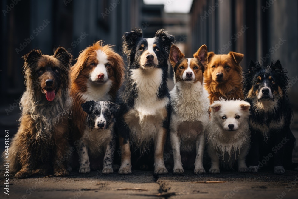 Obraz premium Different dogs sit separately and look at the camera. Pets