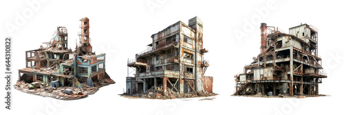 Ruined factory, transparent background, isolated image, generative AI 