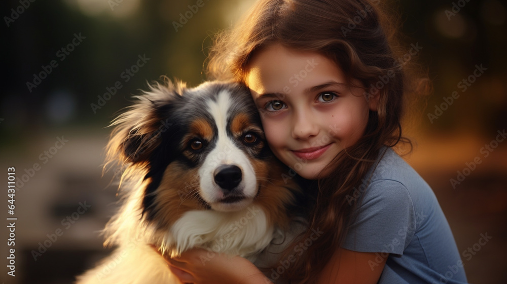 Cute girl hugging dog in the field day together.