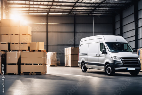 Side view of a commercial van standing in a warehouse.