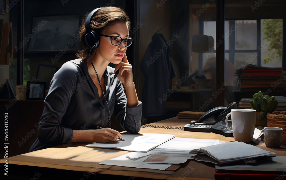 Woman talking on the phone in the office Woman talking on the phone in the office