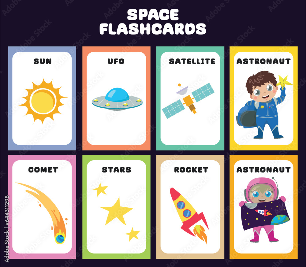 Vector Space flashcards set. English language game for kids with cute astronaut, rocket, comet, stars, ufo, sun, satellite. Astronomy flashcards with funny characters. Simple educational printable