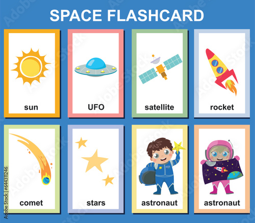 Vector Space flashcards set. English language game for kids with cute astronaut, rocket, comet, stars, ufo, sun, satellite. Astronomy flashcards with funny characters. Simple educational printable 