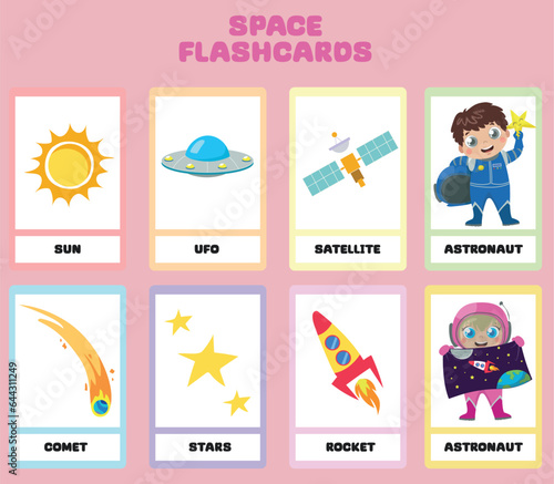 Vector Space flashcards set. English language game for kids with cute astronaut, rocket, comet, stars, ufo, sun, satellite. Astronomy flashcards with funny characters. Simple educational printable 