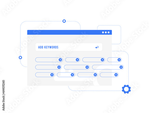 Optimizing SEO with Keyword Research tool concept. Selecting High, Mid and Low-Frequency Keywords for Blog articles, Videos and Online Store goods. Vector illustration on white background with icons