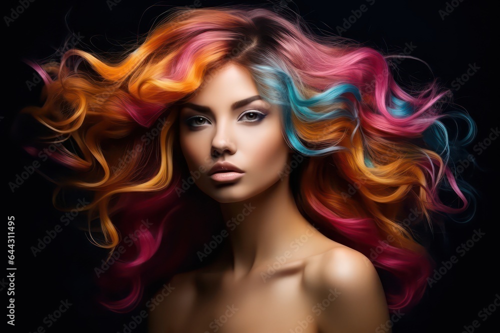 Beautiful Young woman with colorful long curly hair, bright rainbow colors Beautiful Young woman with colorful long curly hair, bright rainbow colors