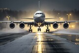 Wintry conditions may cause delays as the plane takes off from a snowy runway. Generative AI