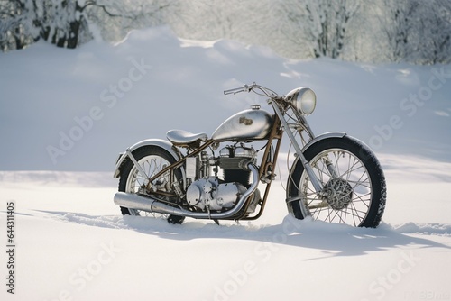 Motorcycle depicted in a snowy landscape. Generative AI