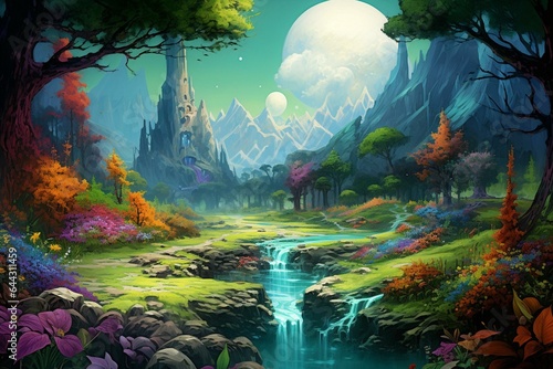 Vivid artwork depicting an adventurous spring valley in green hues. Generative AI © Astraea