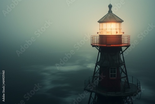 An eerie lighthouse surrounded by thick fog. Generative AI