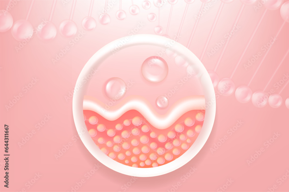 Hyaluronic acid hair and skin solutions ad, pink collagen serum drop into skin cells with cosmetic advertising background ready to use, illustration vector. Hyaluronic acid hair and skin solutions ad, pink collagen serum drop into skin cells with cosmetic advertising background ready to use, illustration vector.