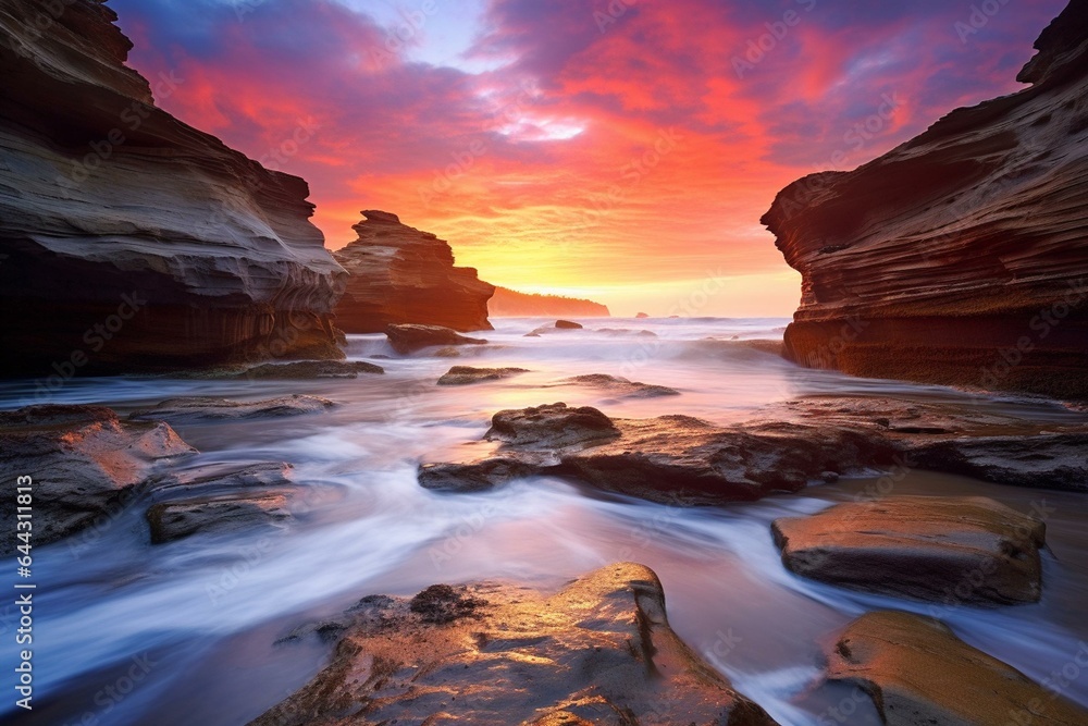 Gorgeous sunrise at Cathedrals Beach, Ribadeo, Galicia, Spain. Stunning rocky landscape, colorful sky on Atlantic coast. Perfect for travel. Generative AI